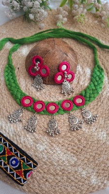 Traditional Green & Rani Pink Thread Mirror-Work Necklace and Earrings Set