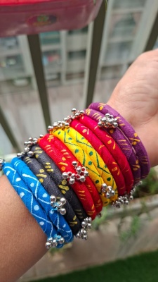 Multi-Color Hand Painted Fabric Ghungroo Bangles(Size 2/6) 